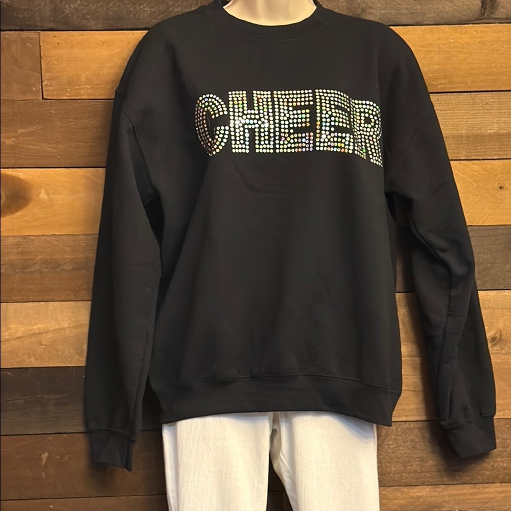 Gildan Black Cheer Rhinestone Sweatshirt NWOT